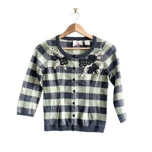 Karen Nico Women's Cardigan Flowering Plaid Green Black Beaded Button Small